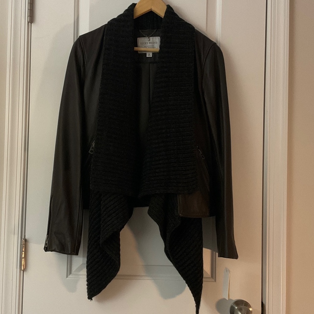 Lucky Brand Brown Leather Jacket with Draped Knit